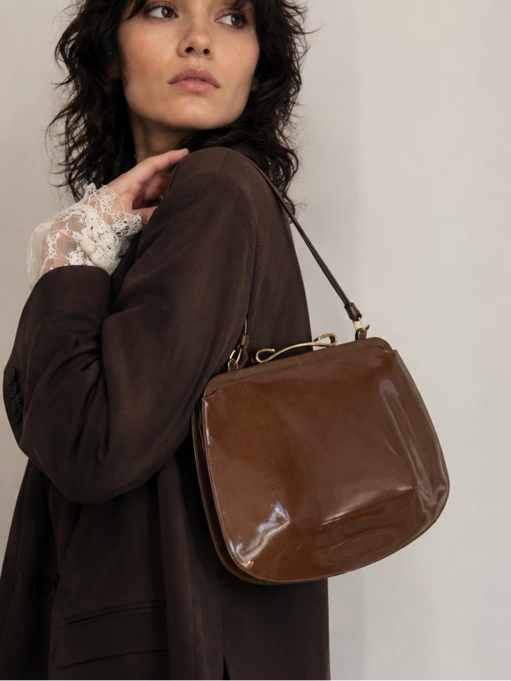 Classic Brown Patent Top-Handle Bag with Gold Trim